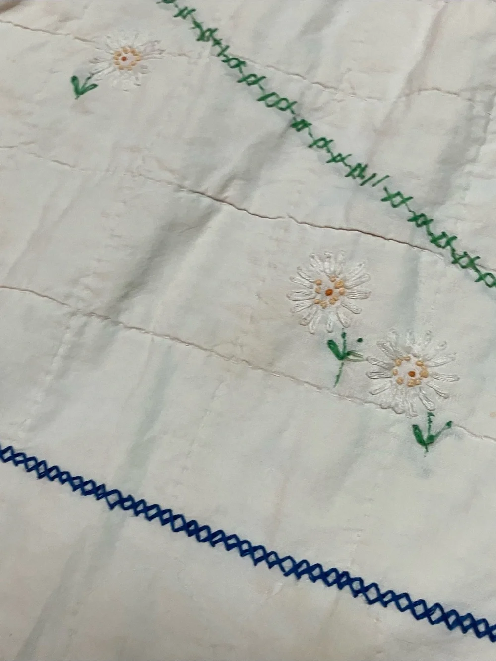 VTG 1940s Raggedy Ann Baby Crib Blanket Hand Embroidered Quilted 52”X 34.5”